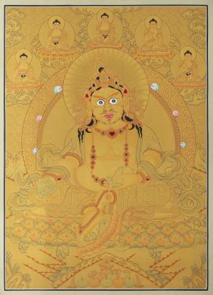Dzambhala Flanked with 5 Buddhas on Top of His Head | Kubera Thangka Painting | God of Wealth